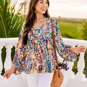 Shop the Mint Floral Blouse Top EUC Medium Flowy Scoop Neck Long Sleeve Yellow